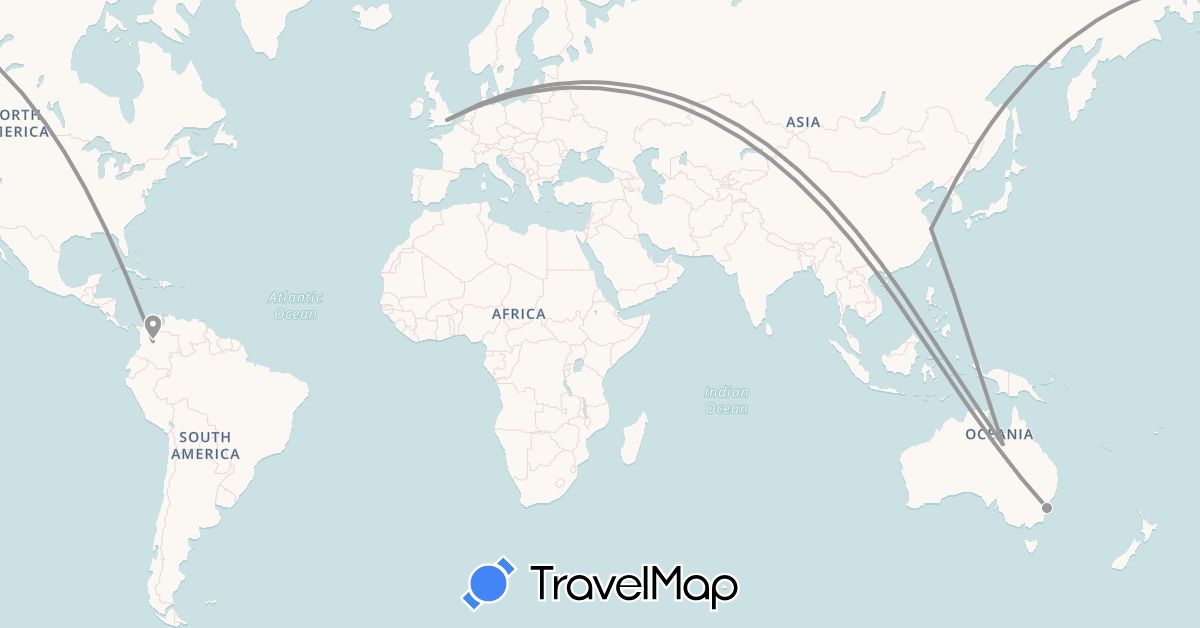 TravelMap itinerary: driving, plane in Australia, China, Colombia, United Kingdom (Asia, Europe, Oceania, South America)